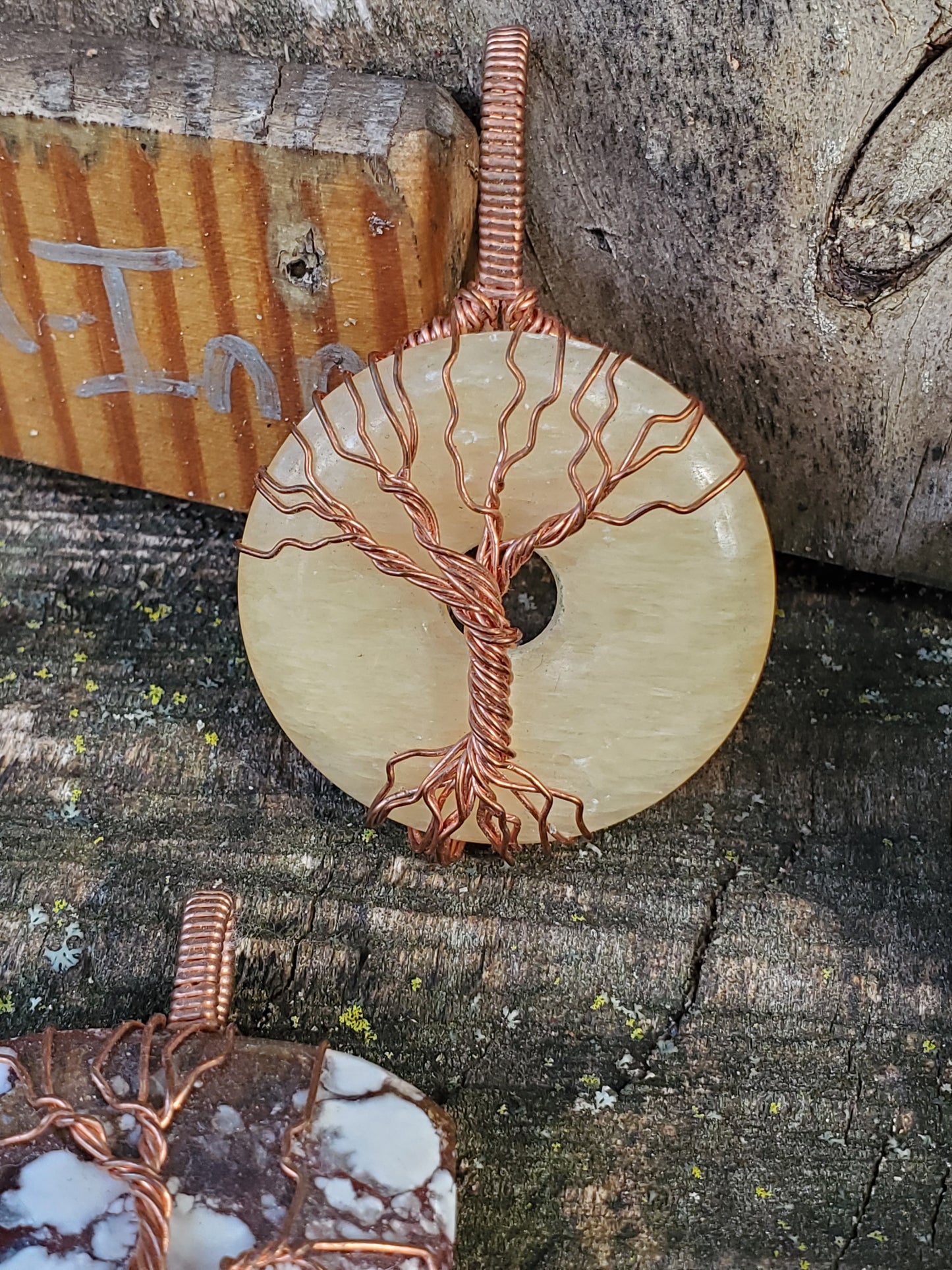 Yellow Aragonite Copper Tree Of Life Wire Wrapped Pendant