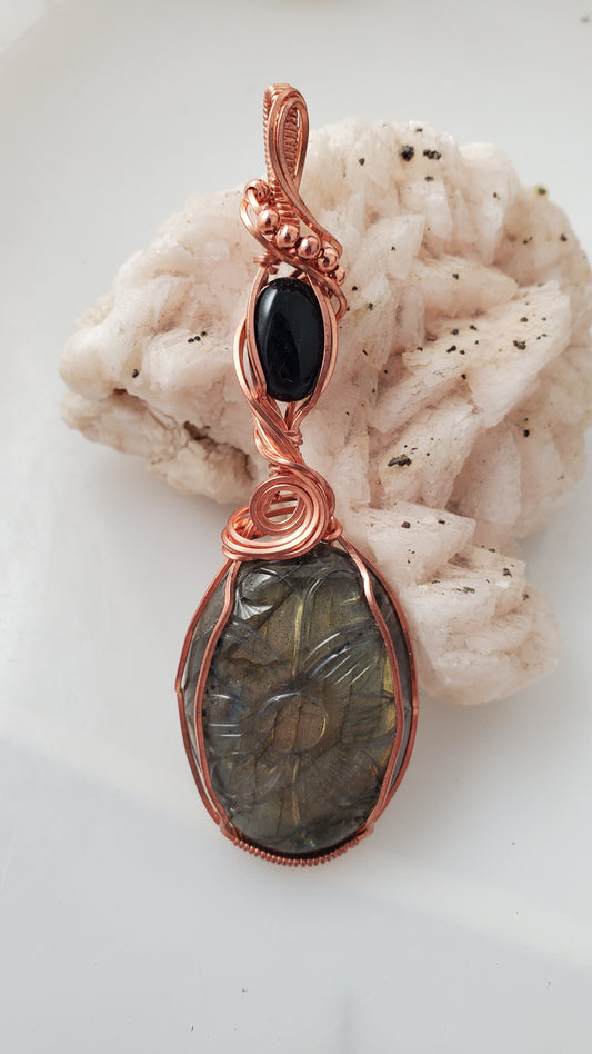 Carved Labradorite and Black Onyx Copper Wire Wrapped Pendant