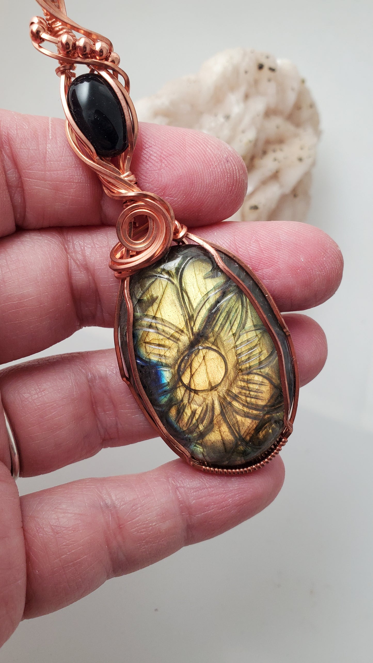 Carved Labradorite and Black Onyx Copper Wire Wrapped Pendant