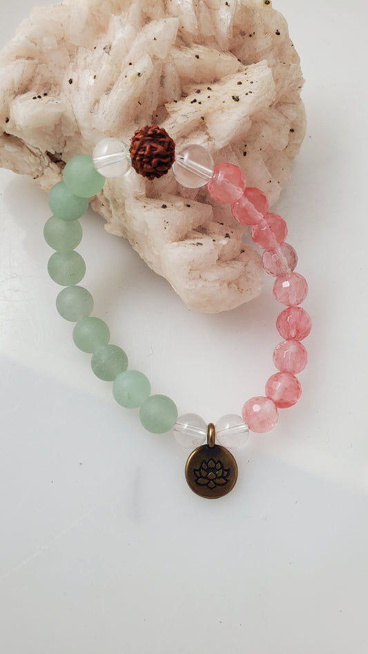 Strawberry Quartz and Green Aventurine Gemstone Mala Bracelet