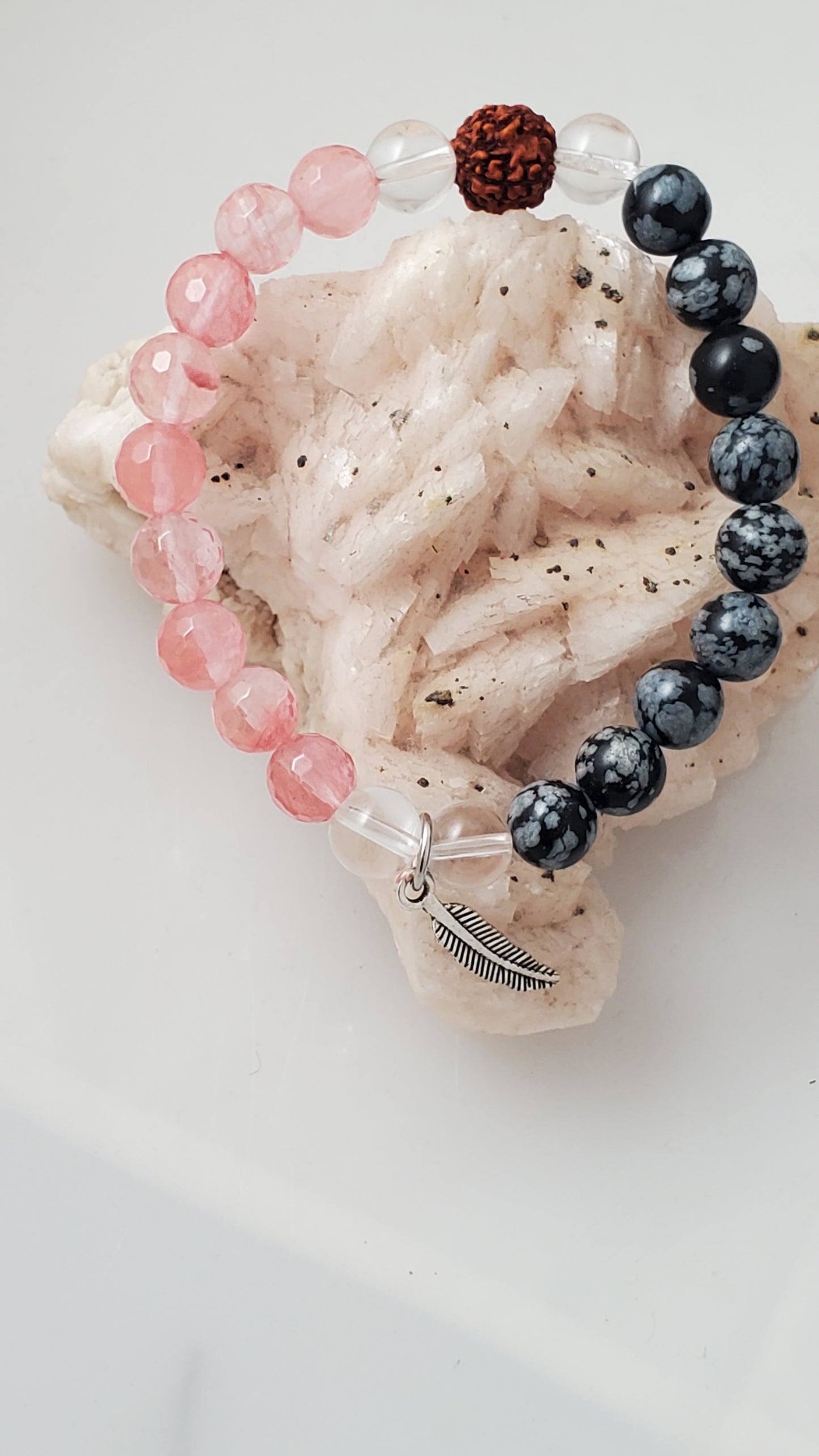 Strawberry Quartz and Snowflake Obsidian Gemstone Mala Bracelet