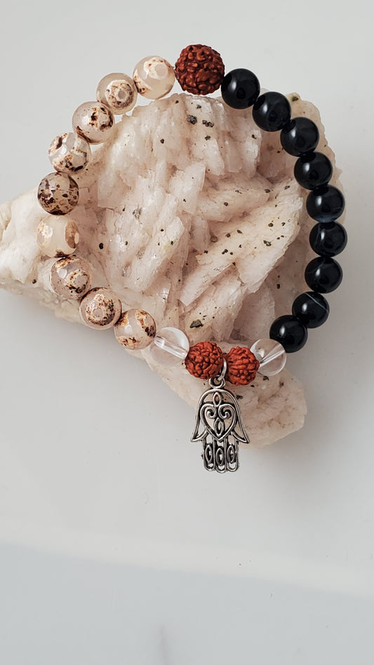 Etched Agate and Black Onyx Gemstone Mala Bracelet