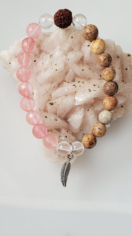 Strawberry Quartz and Picture Jasper Gemstone Mala Bracelet