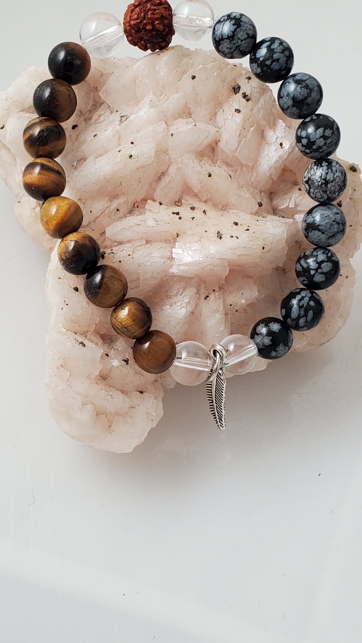 Tiger's Eye and Snowflake Obsidian Gemstone Bead Mala Bracelet