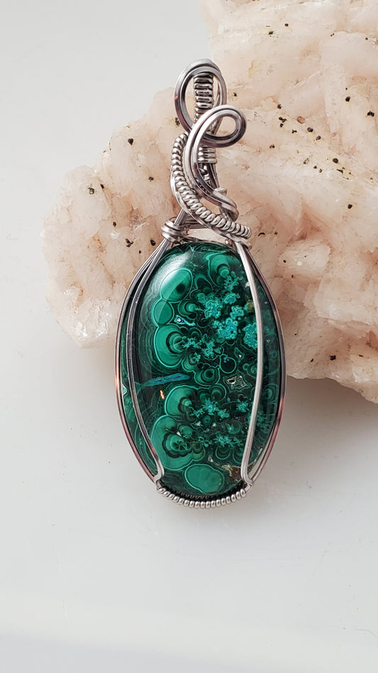 African Malachite Titanium Plated Wire Wrapped Pendant