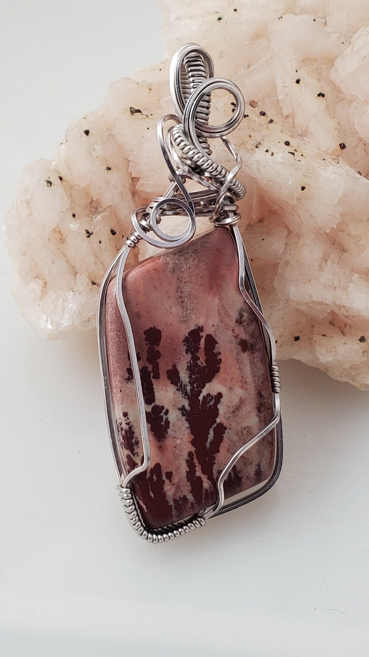 Dendritic Jasper Titanium Plated Wire Wrapped Pendant