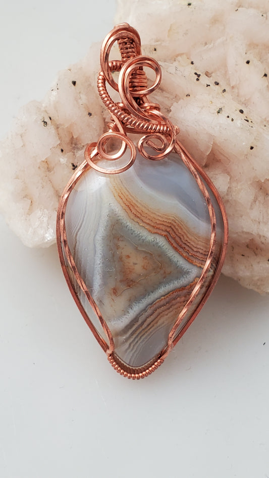 Banded Agate Copper Wire Wrapped Pendant