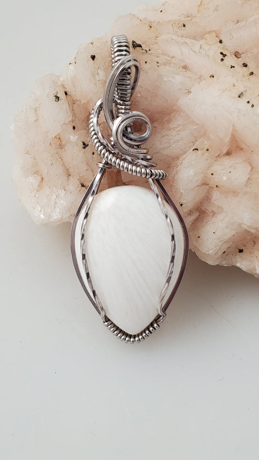 White Scolecite Titanium Plated Wire Wrapped Pendant