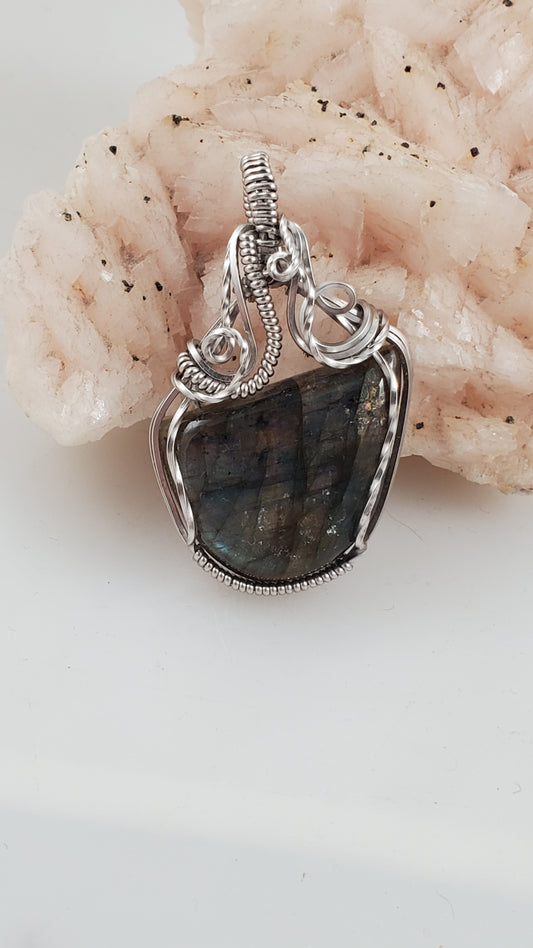 Labradorite Titanium Plated Wire Wrapped Pendant