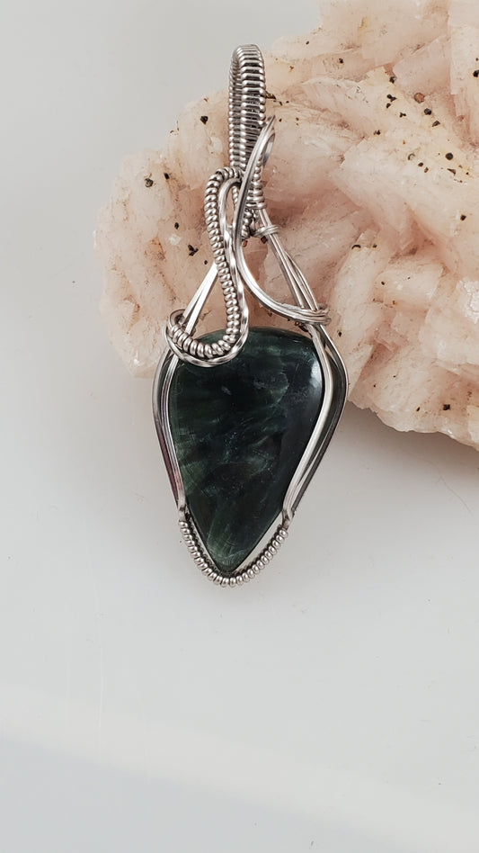 Seraphinite Titanium Plated Wire Wrapped Pendant