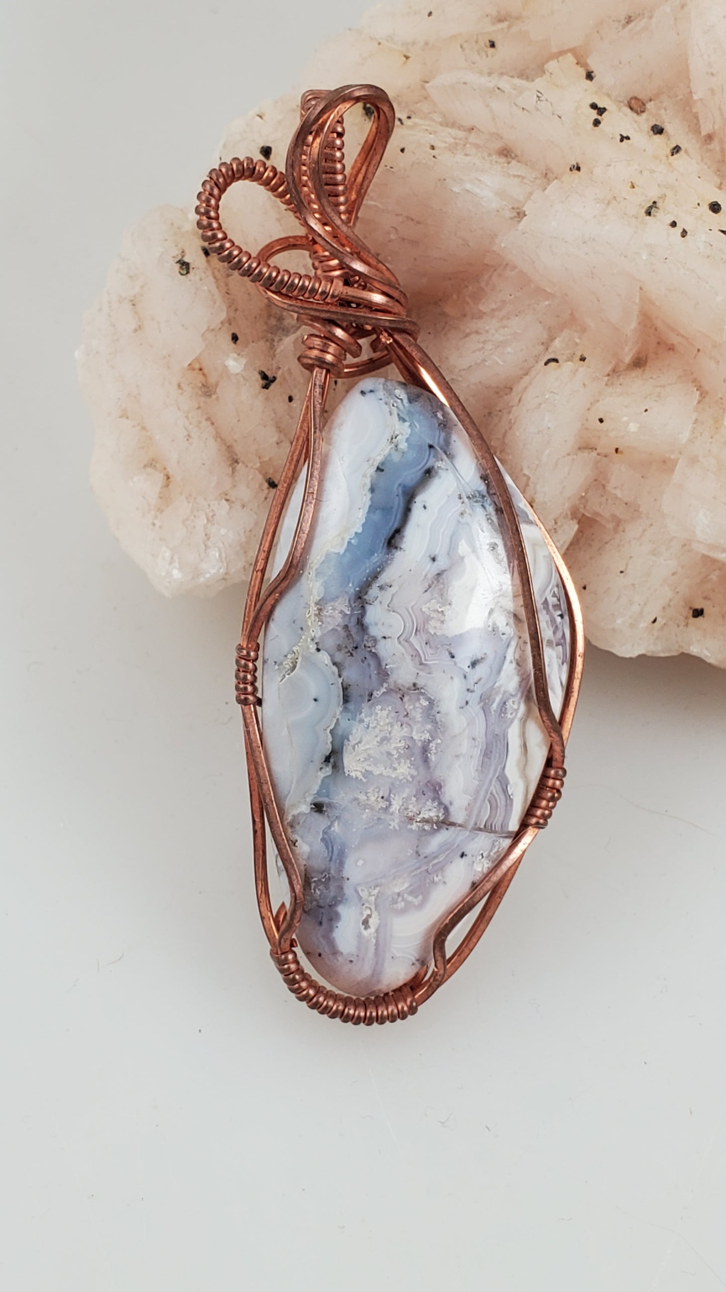 Sow Agate w/Amethyst Copper Wire Wrapped Pendant