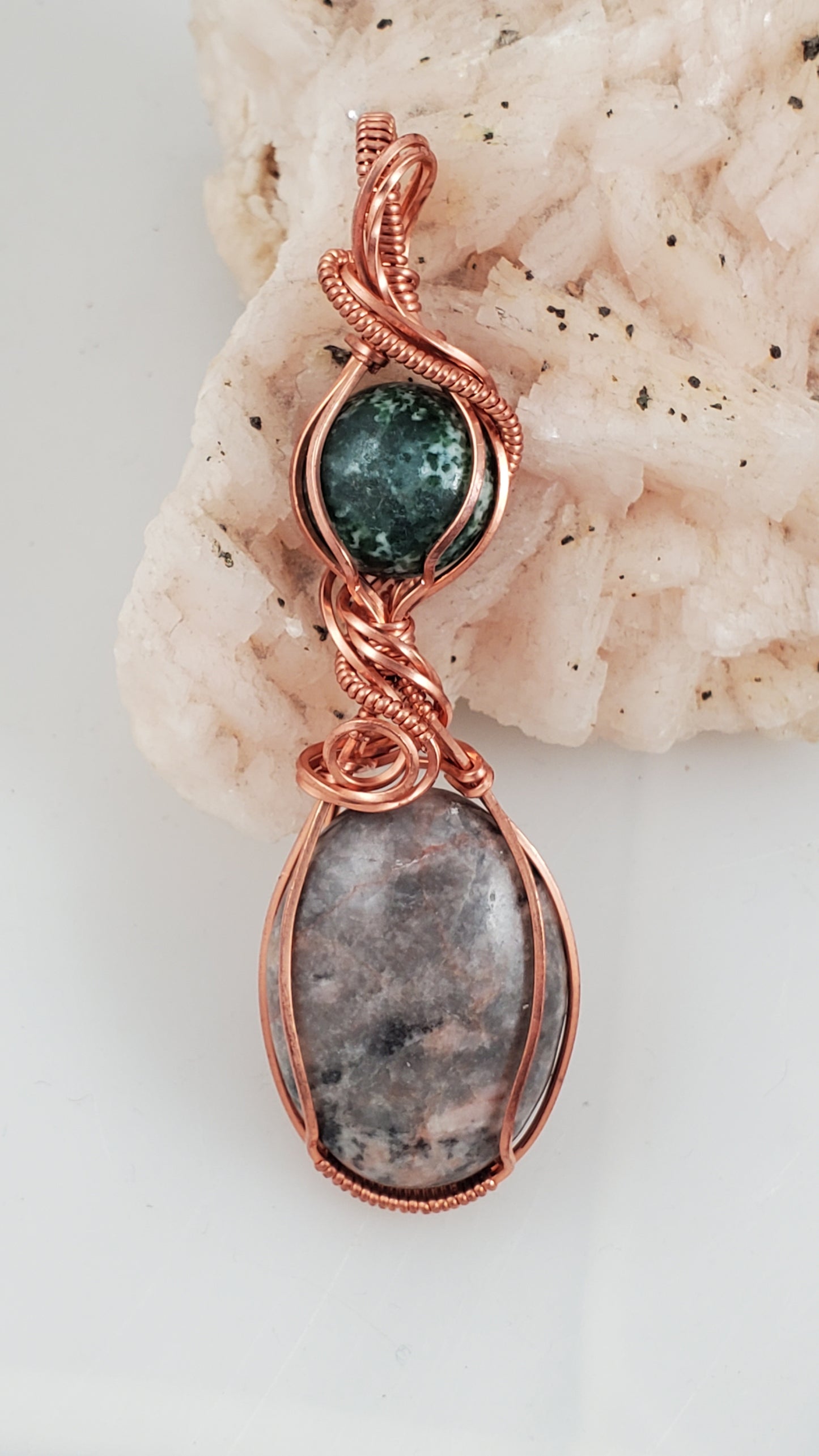 Pink Granite and Tree Agate Copper Wire Wrapped Pendant