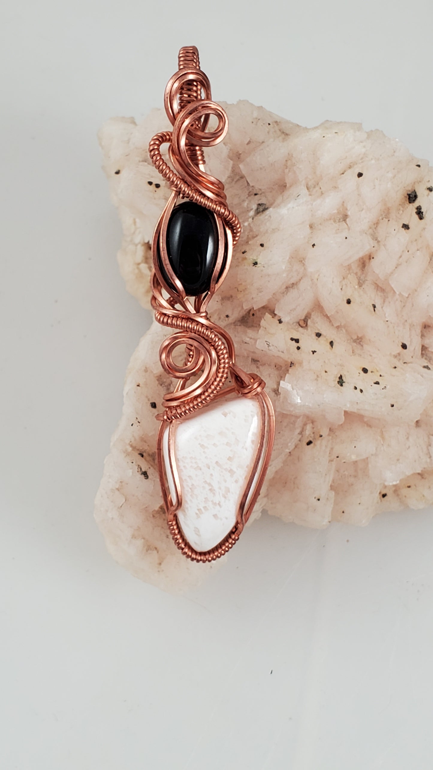 White Scolecite and Black Onyx Copper Wire Wrapped Pendant