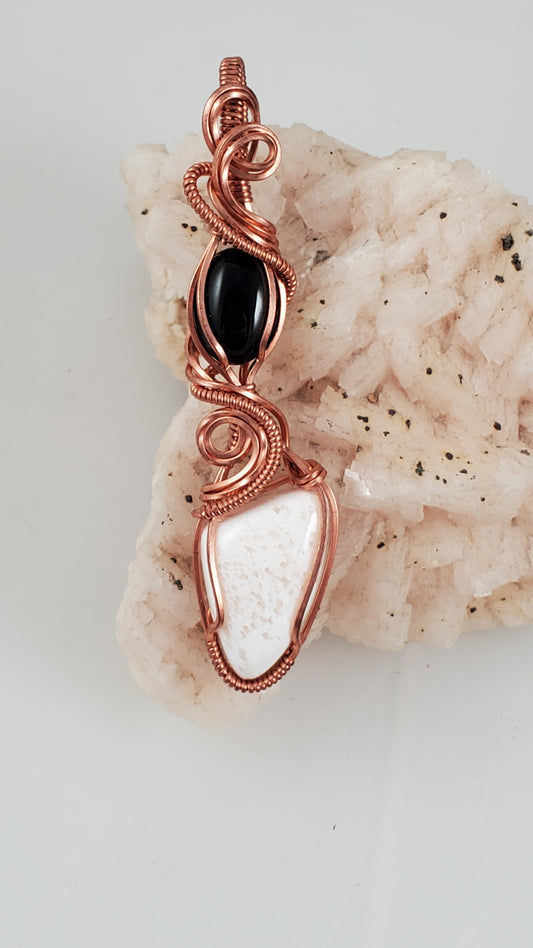 White Scolecite and Black Onyx Copper Wire Wrapped Pendant