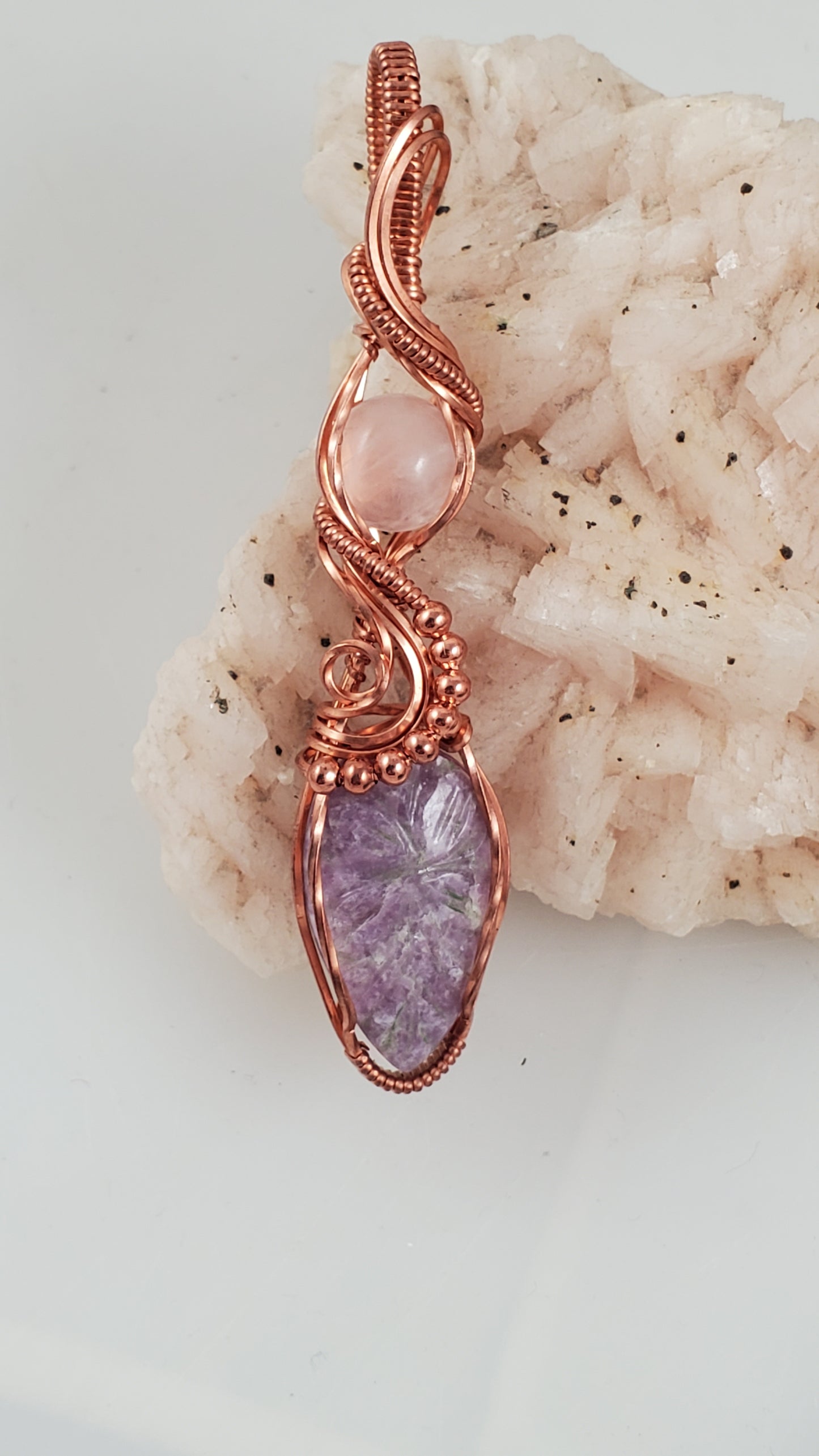 Carved Lepidolite and Rose Quartz Copper Wire Wrapped Pendant 🌹