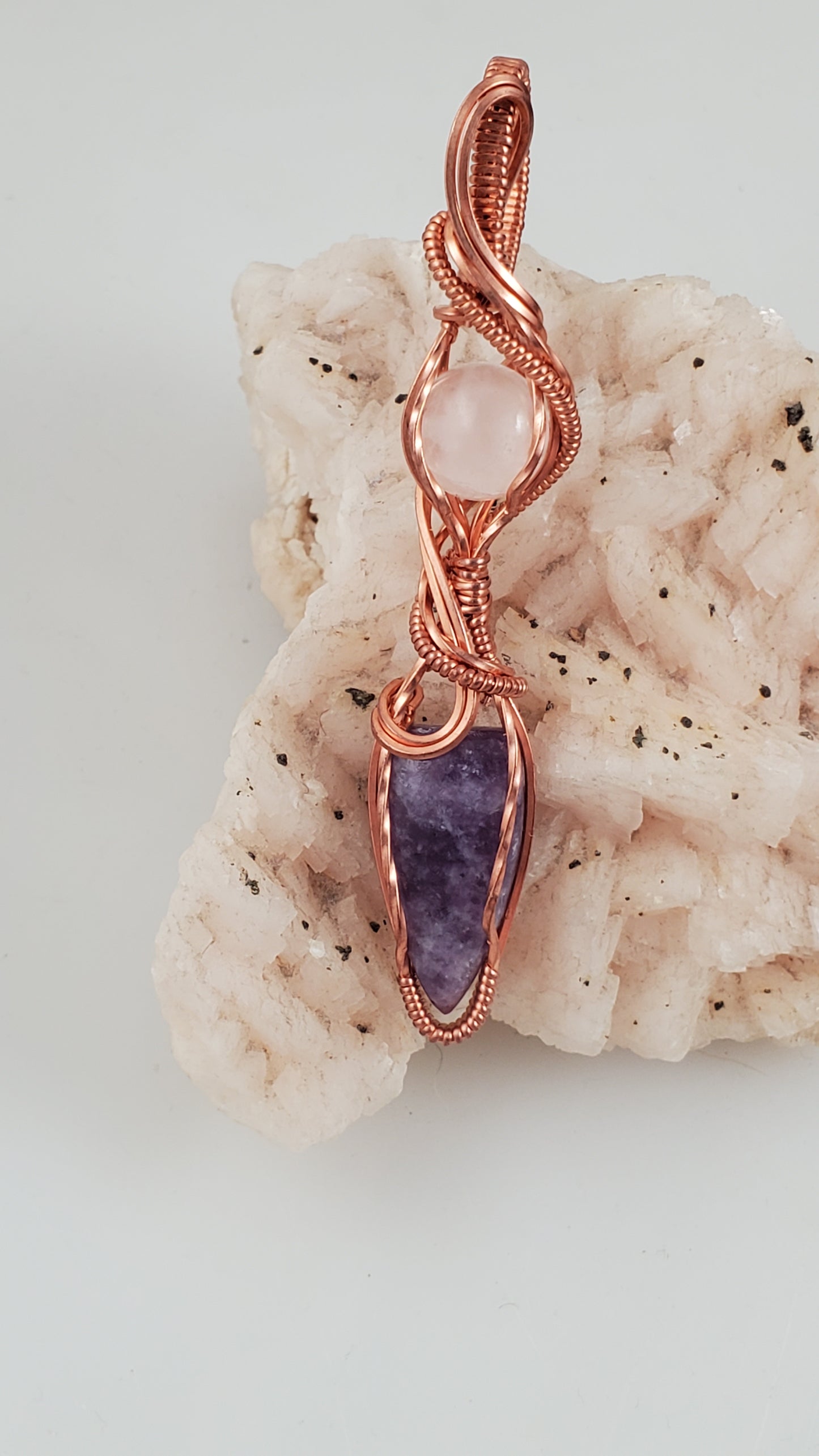 Lepidolite and Rose Quartz Copper Wire Wrapped Pendant