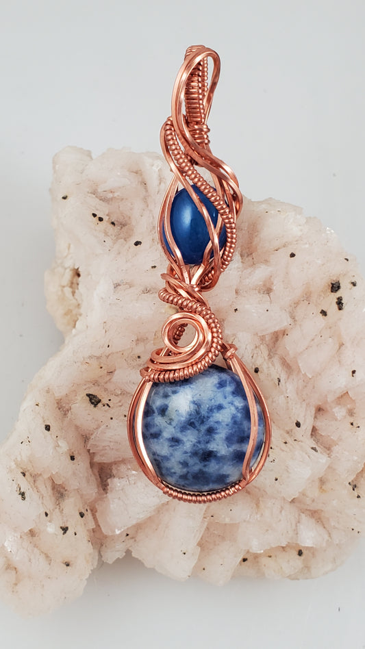 Blue Sodalite and Blue Agate Copper Wire Wrapped Pendant