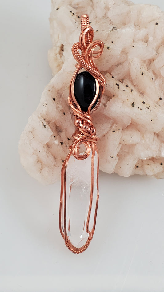 Clear Quartz and Black Onyx Copper Wrap Pendant