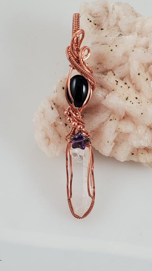 Clear Quartz and Black Onyx Copper Wrap Pendant