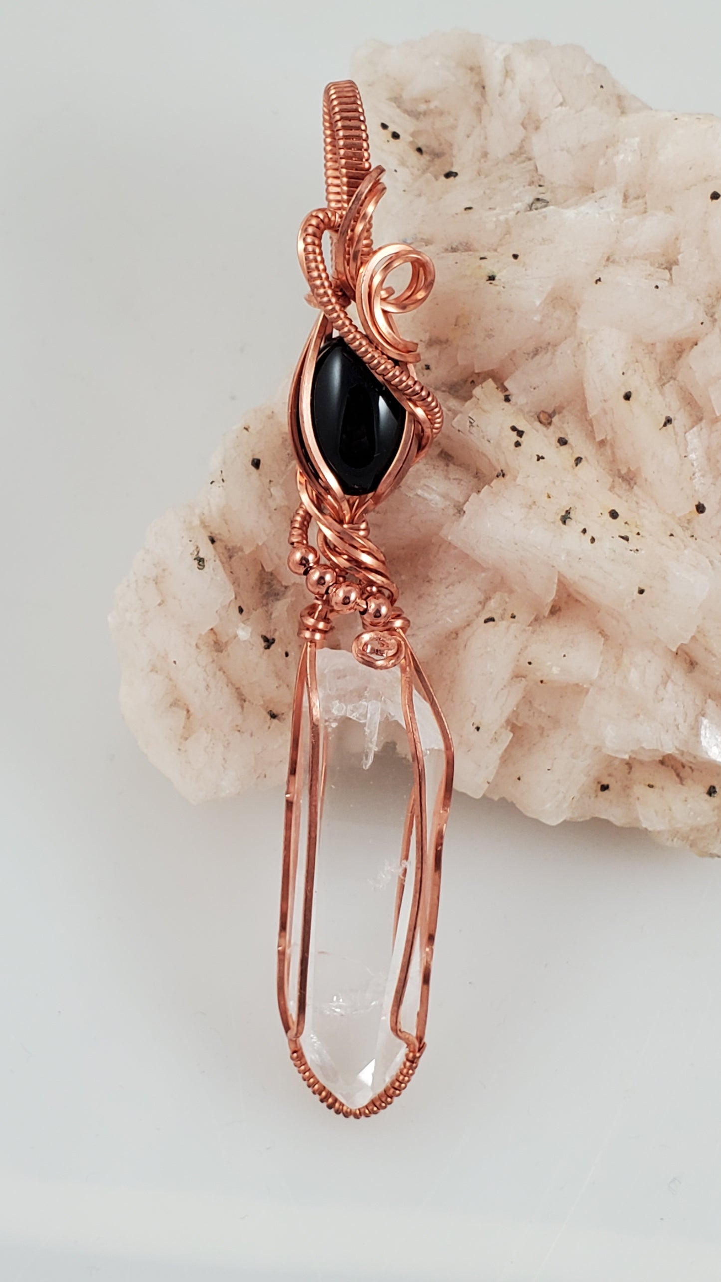 Clear Quartz and Black Onyx Copper Wrap Pendant