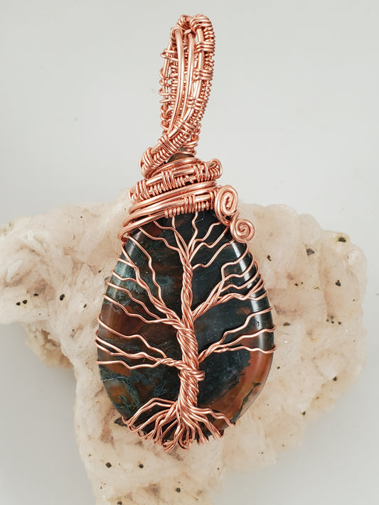 Moss Agate and Copper Tree Of Life Pendant