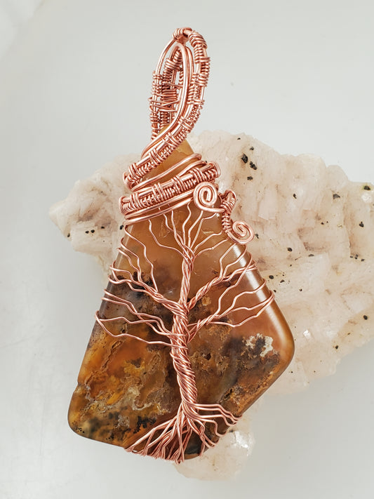 Copper and Moss Agate Tree Of Life Wire Wrapped Pendant