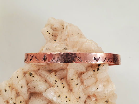 Stamped Copper Mountain Girl Cuff Bracelet