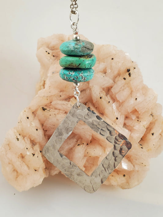 Zen Square Rustic Hammered Turquoise Stack Pendant