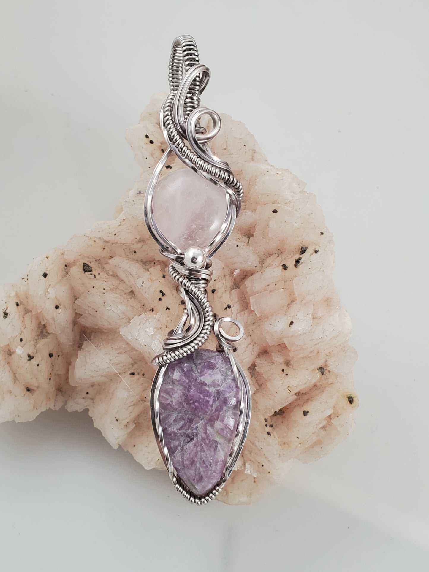 Rose Quartz and Carved Lepidolite Pendant