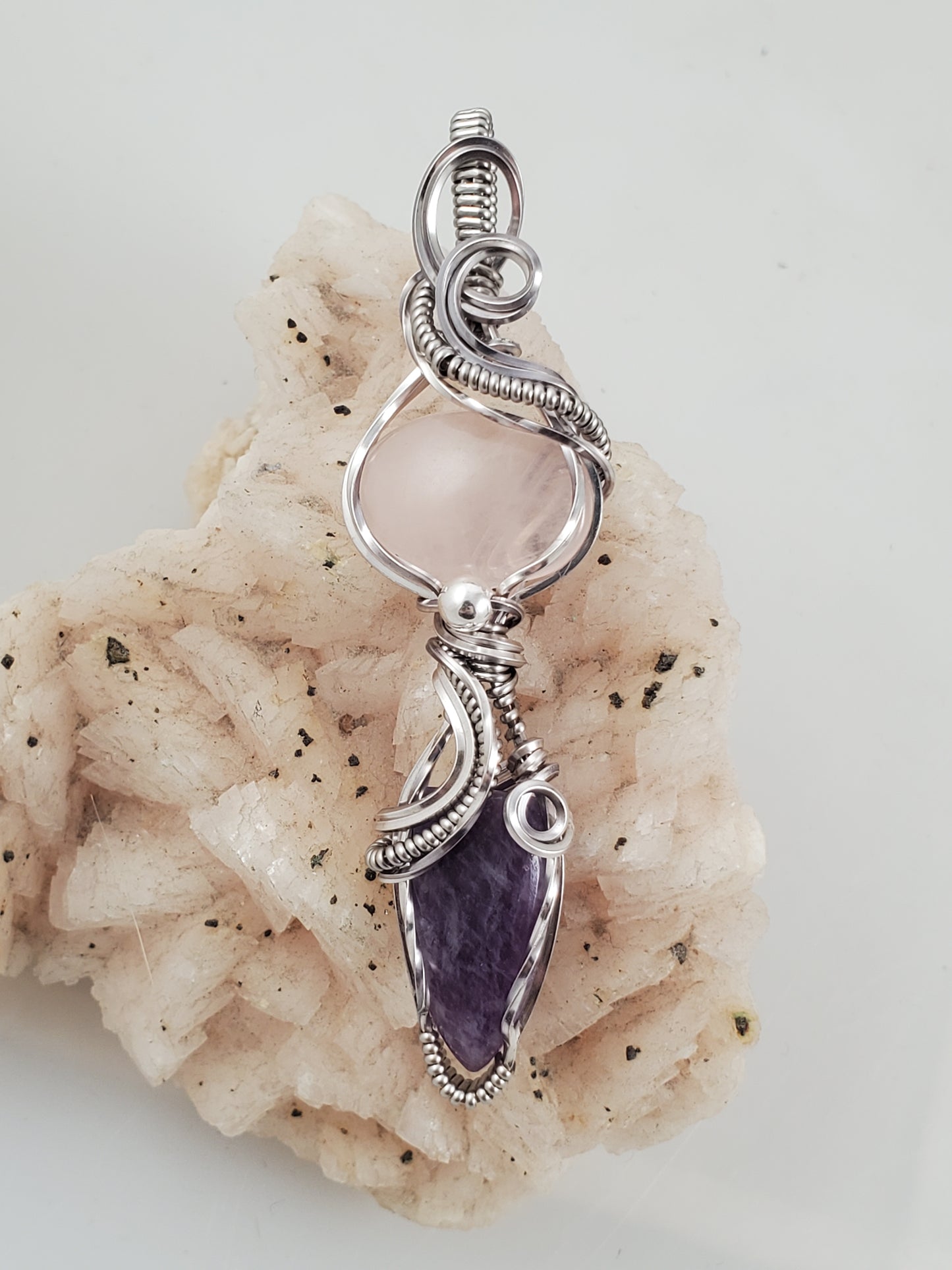 Rose Quartz and Lepidolite Wire Wrapped Pendant