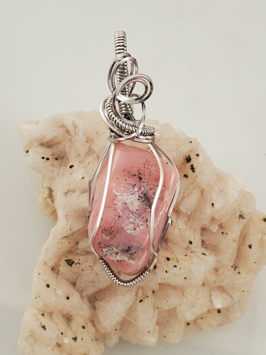 Pink Peruvian Opal Tumbled Stone Wire Wrapped Pendant