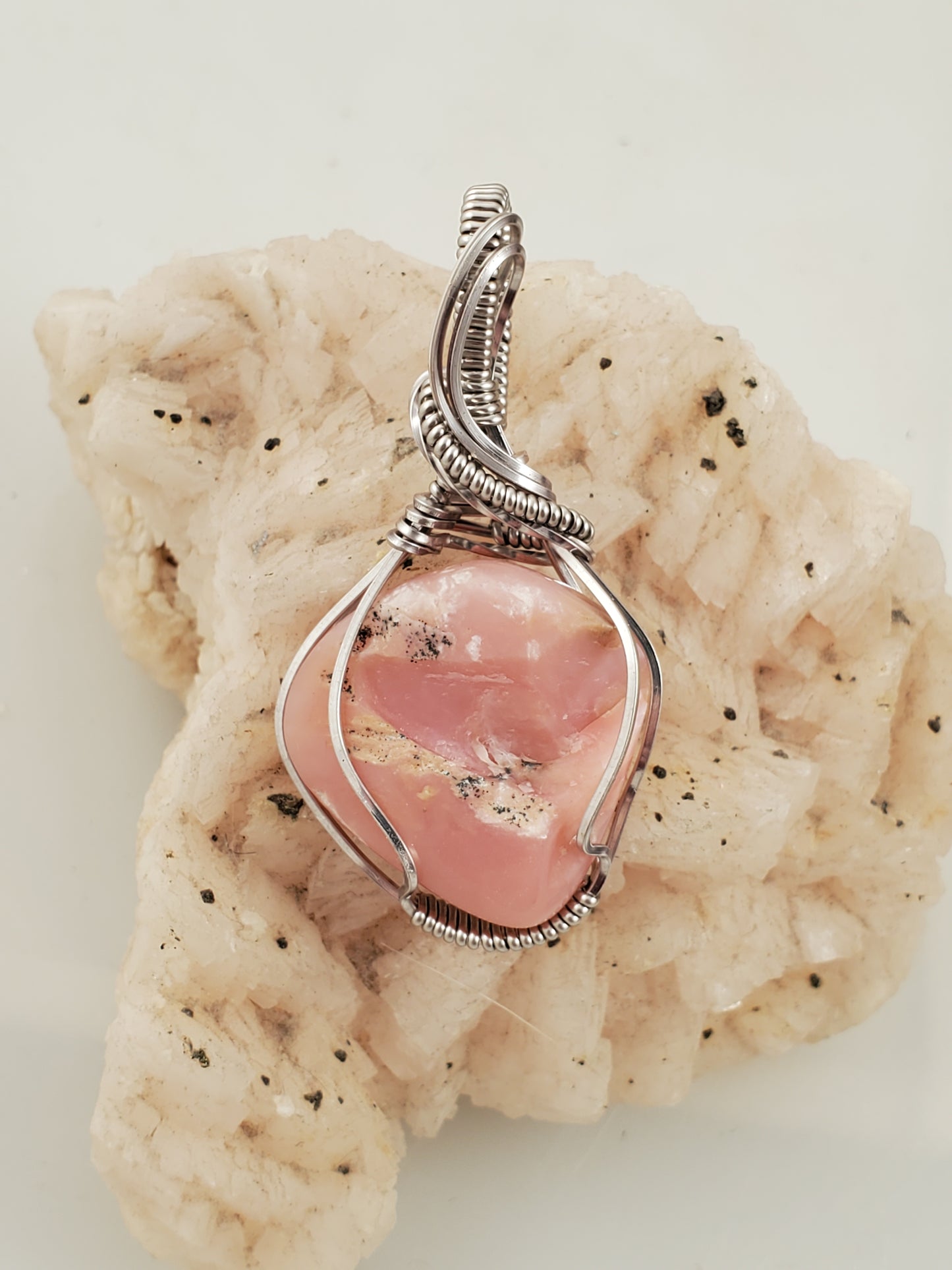 Pink Peruvian Opal Tumbled Stone Wire Wrapped Pendant