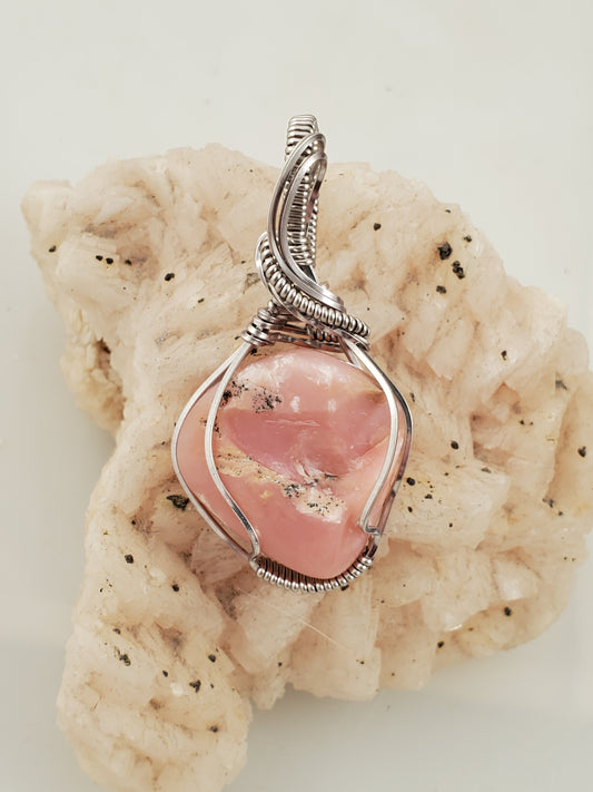 Pink Peruvian Opal Tumbled Stone Wire Wrapped Pendant