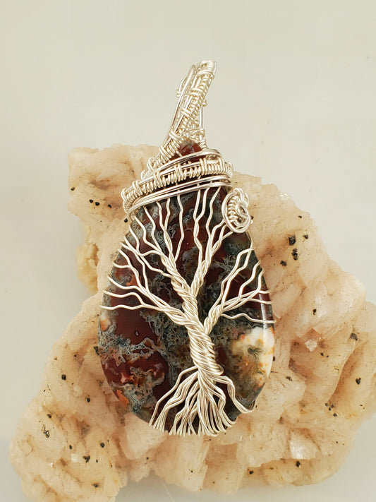 Moss Agate and Silver Wire Wrapped Tree Of Life Pendant