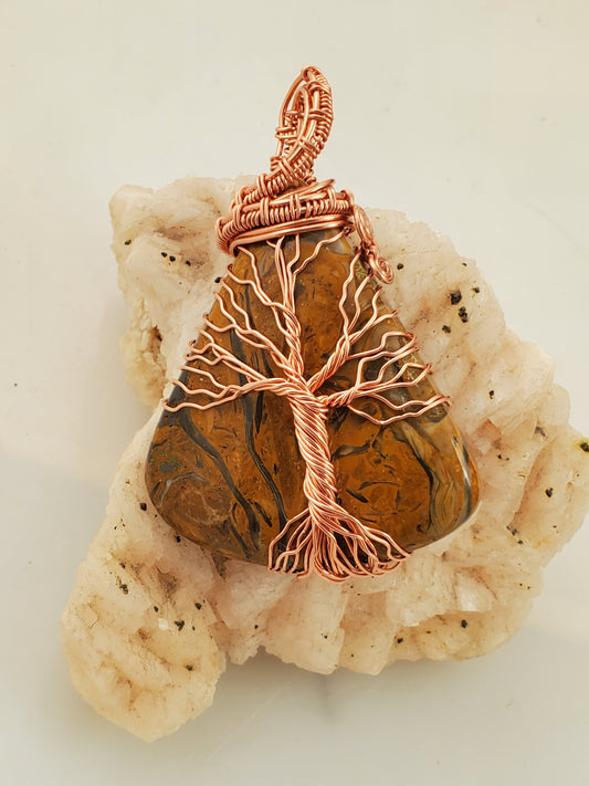 Petrified Wood Copper Wire Wrapped Tree Of Life Pendant