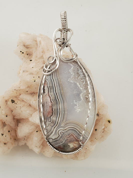 Laguna Lace Agate Silver Wire Wrapped Pendant