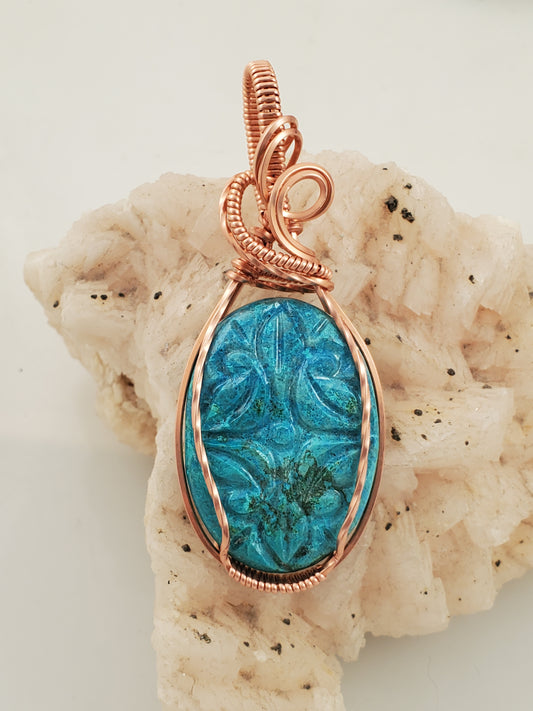 Carved Chrysocolla Copper Wire Wrapped Cabochon Pendant