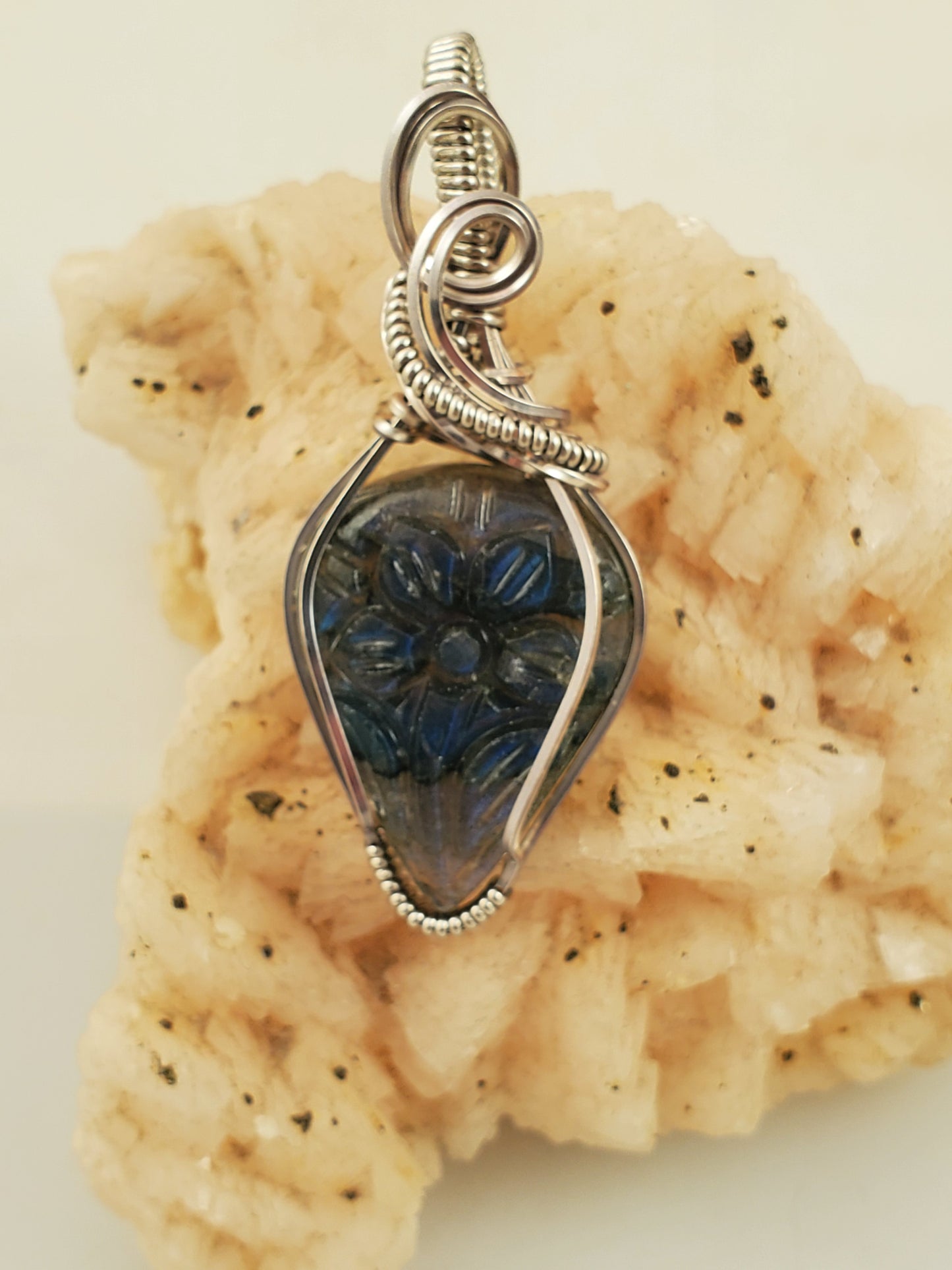 Carved Floral Labradorite Wire Wrapped Pendant