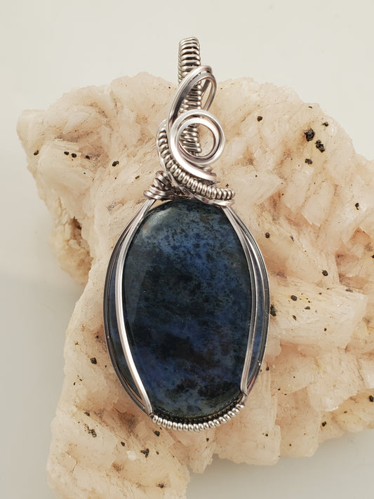 Blue Dumortierite Silver Wire Wrapped Pendant