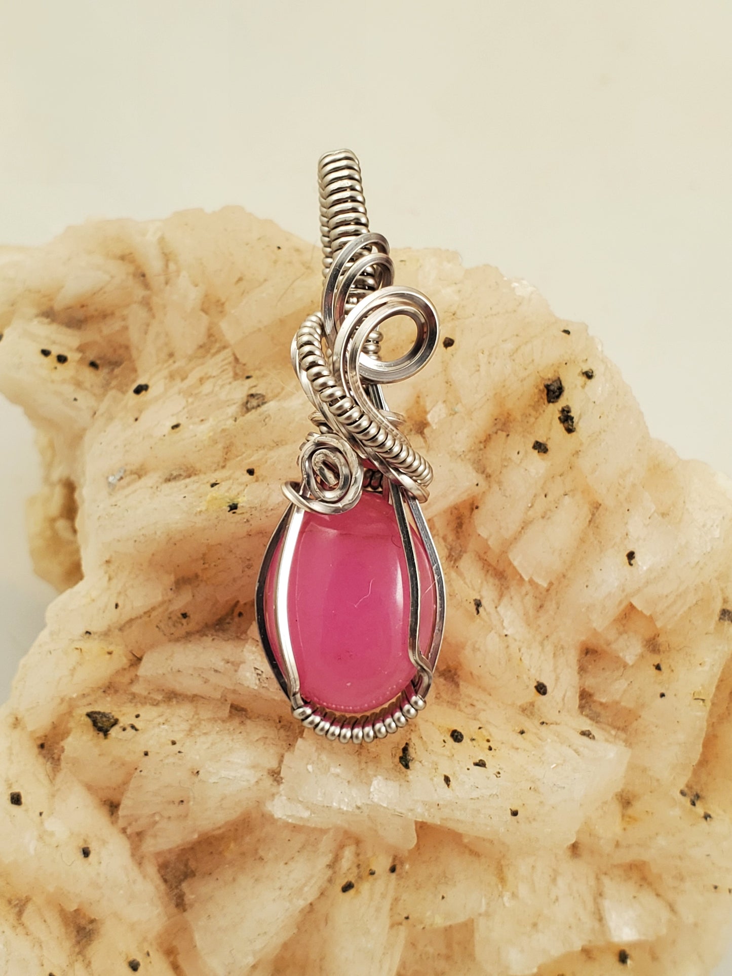 Dyed Pink Agate Silver Wire Wrapped Mini Pendant