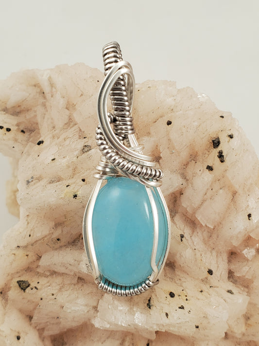 Dyed Blue Agate Silver Wire Wrapped Mini Pendant