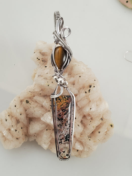 Petrified Indonesian Palm Wood and Tiger's Eye Silver Wire Wrapped Pendant