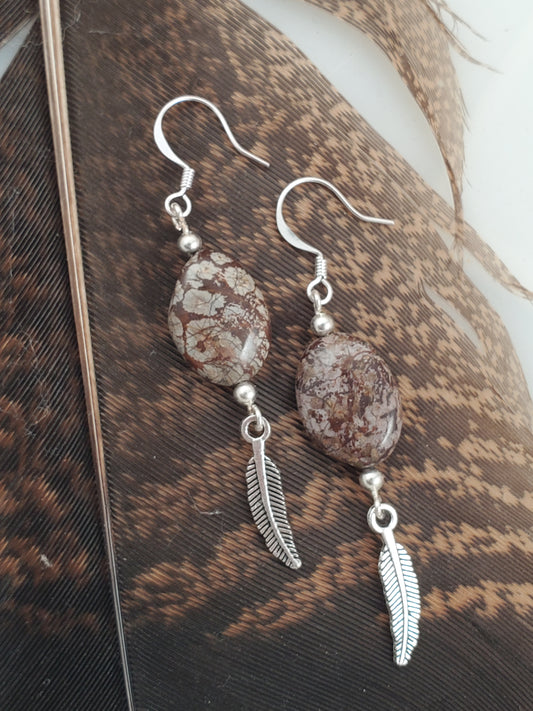 Dark Snakeskin Agate Feather Earrings