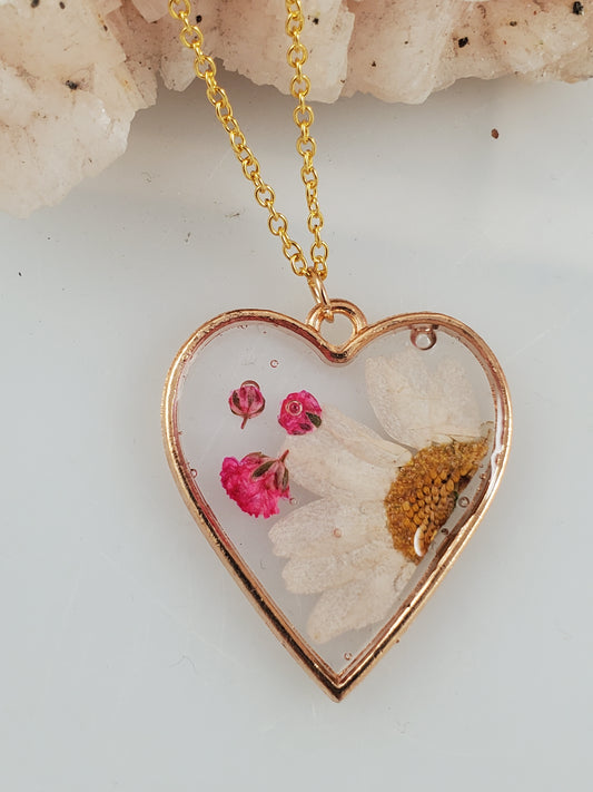 Heart Shaped Botanical Resin Flower Pendant