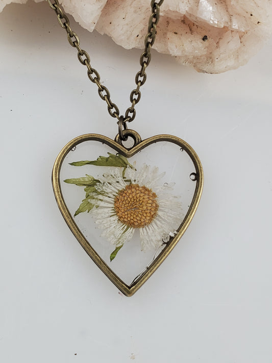 Heart Shaped Daisy Botanical Resin Pendant